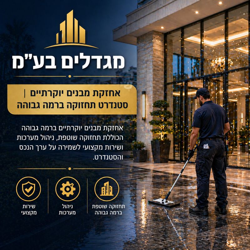 אחזקת מבנים יוקרתיים ברמה גבוהה הכוללת תחזוקה שוטפת, ניהול מערכות ושירות מקצועי לשמירה על ערך הנכס והסטנדרט.