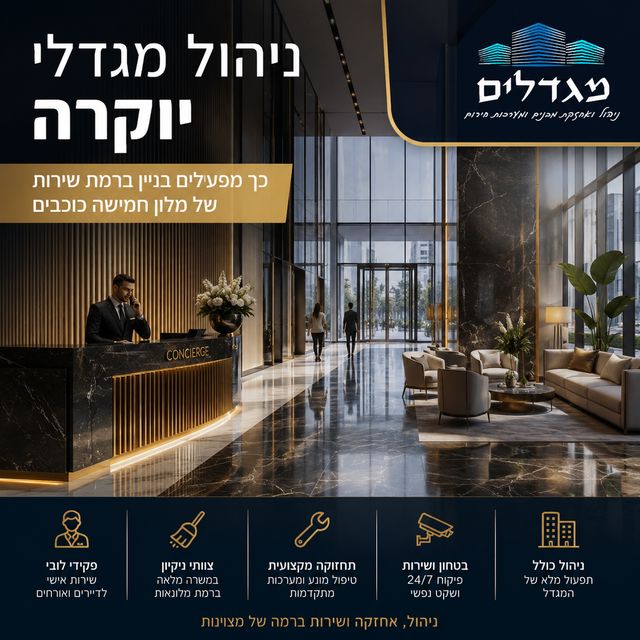 ניהול מגדלי יוקרה אינו עוסק רק בתחזוקת המבנה, אלא ביצירת חוויית מגורים מלאה. שילוב בין אב בית, פקידי לובי, צוותי ניקיון קבועים, תחזוקה מונעת וניהול מקצועי של כל מערכות המבנה מאפשר לשמור על סטנדרט גבוה, להגן על ערך הנכס ולהעניק לדיירים שירות ברמה יוצאת דופן.